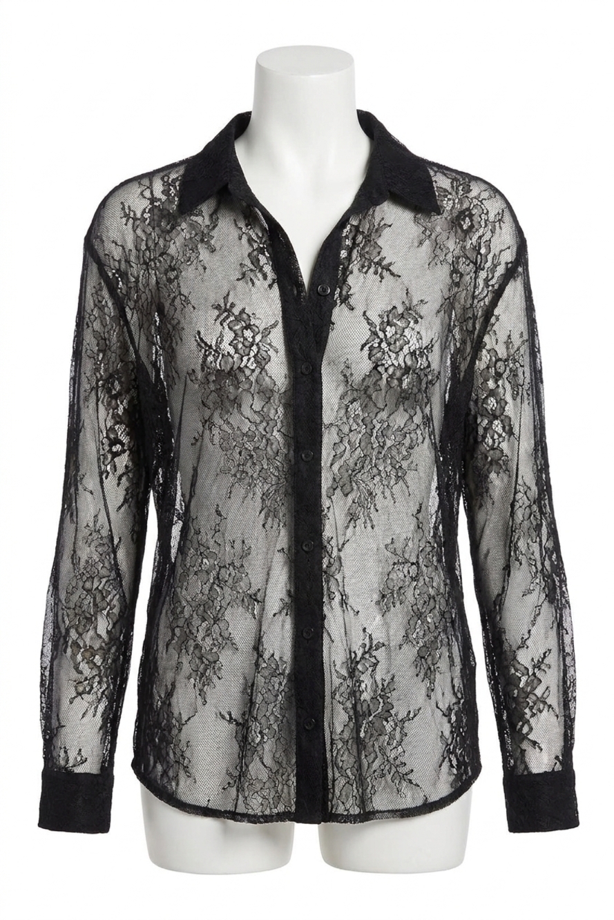 NEW EN SAISON darcy long sleeve sheer lace button down top in black
